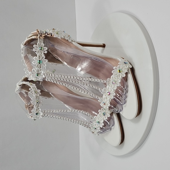 Crystal Queen White Lace Pearl Wedding Heels Bridal Sandals 41 Floral Stiletto - Picture 10 of 15